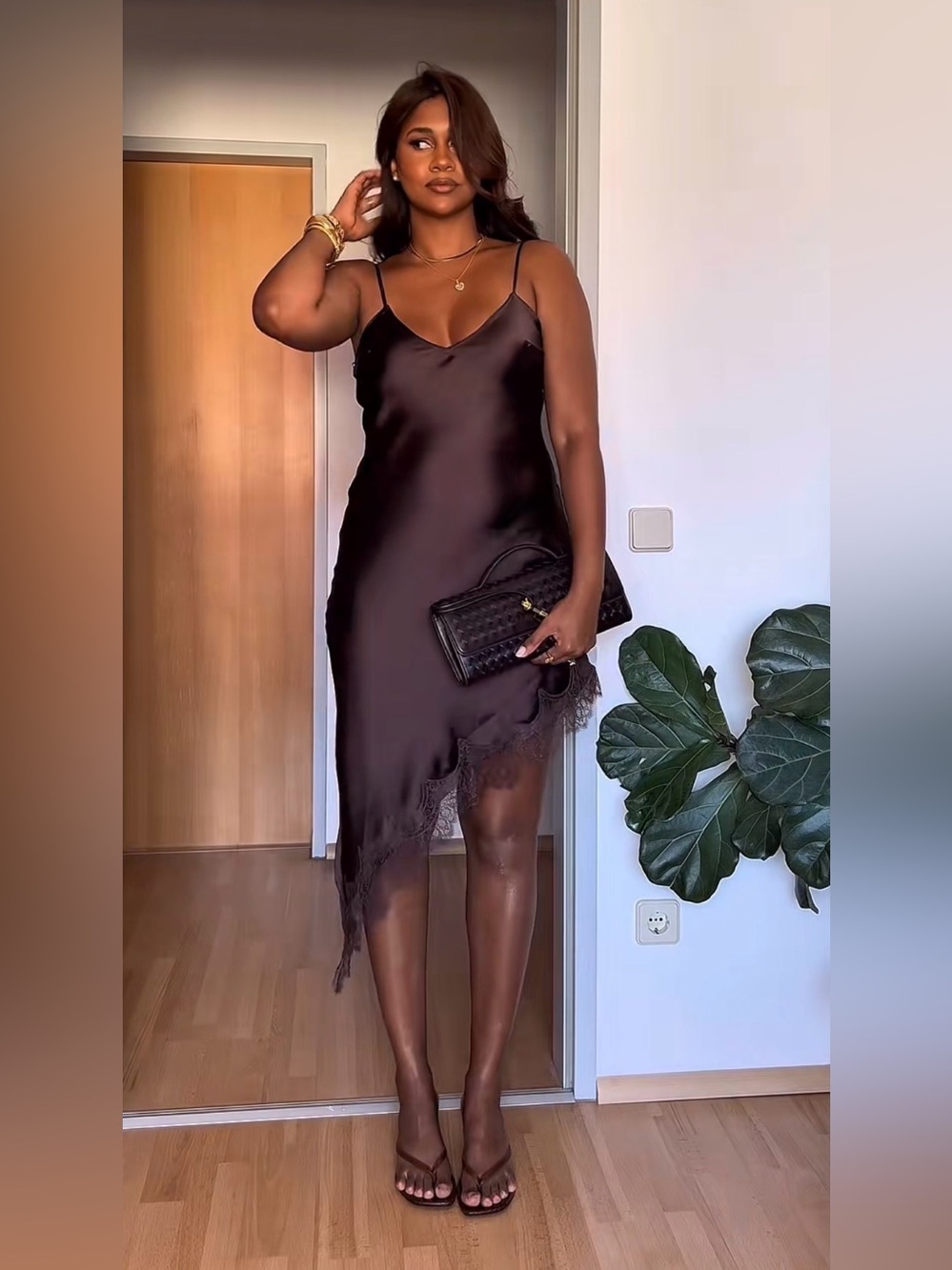 Zara Satin Slip Dress with Lace Hem in Deep Brown - Picture 3 of 17